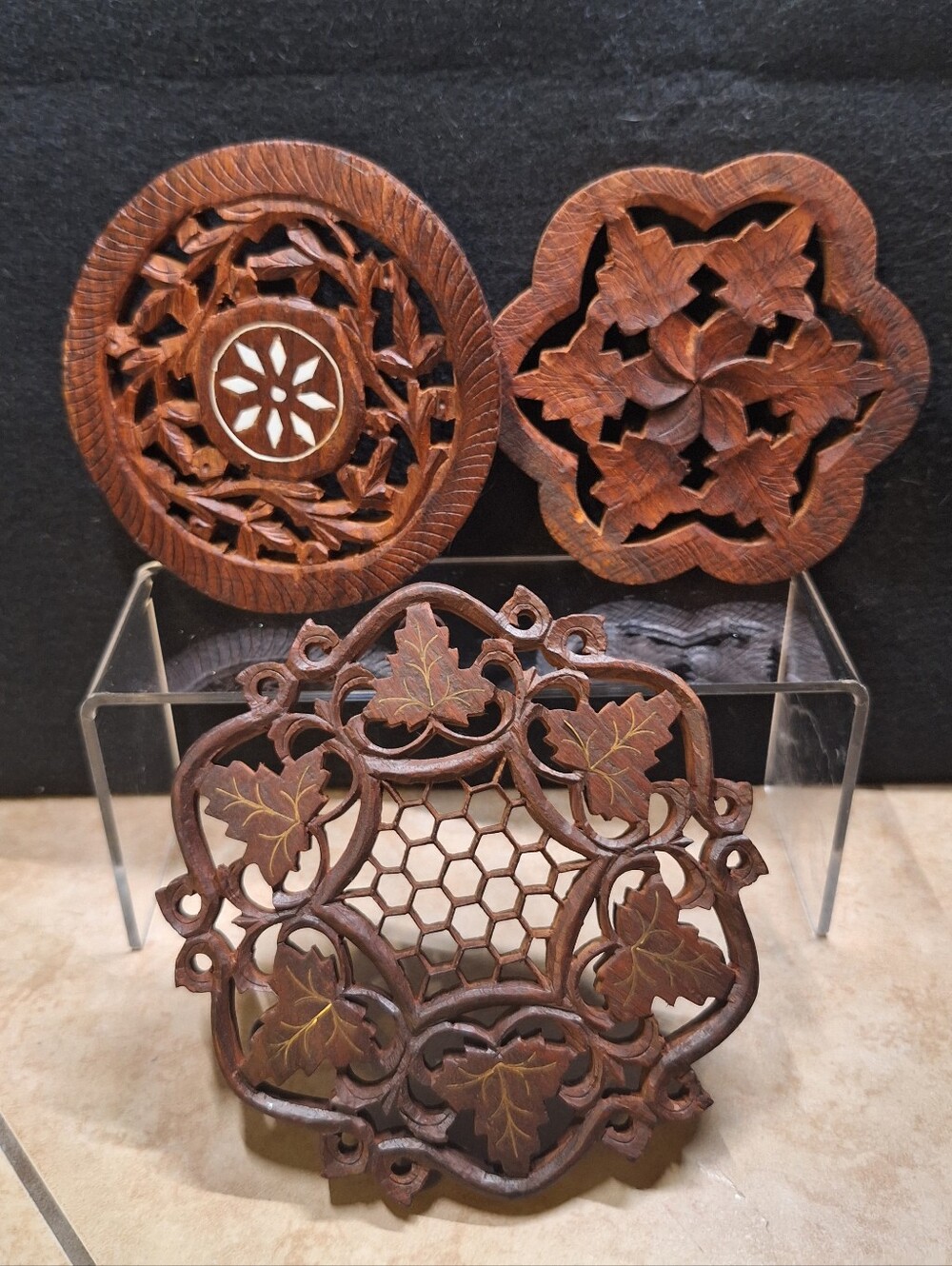 Boho Hand Carved Wood Trivet Plant Stand Hot Pad Floral Inlaid India Lot (3) VTG